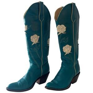 Fraulein San Antonio Rose Women's Cowboy Boot Tall - Size 9M Teal w/ White Roses